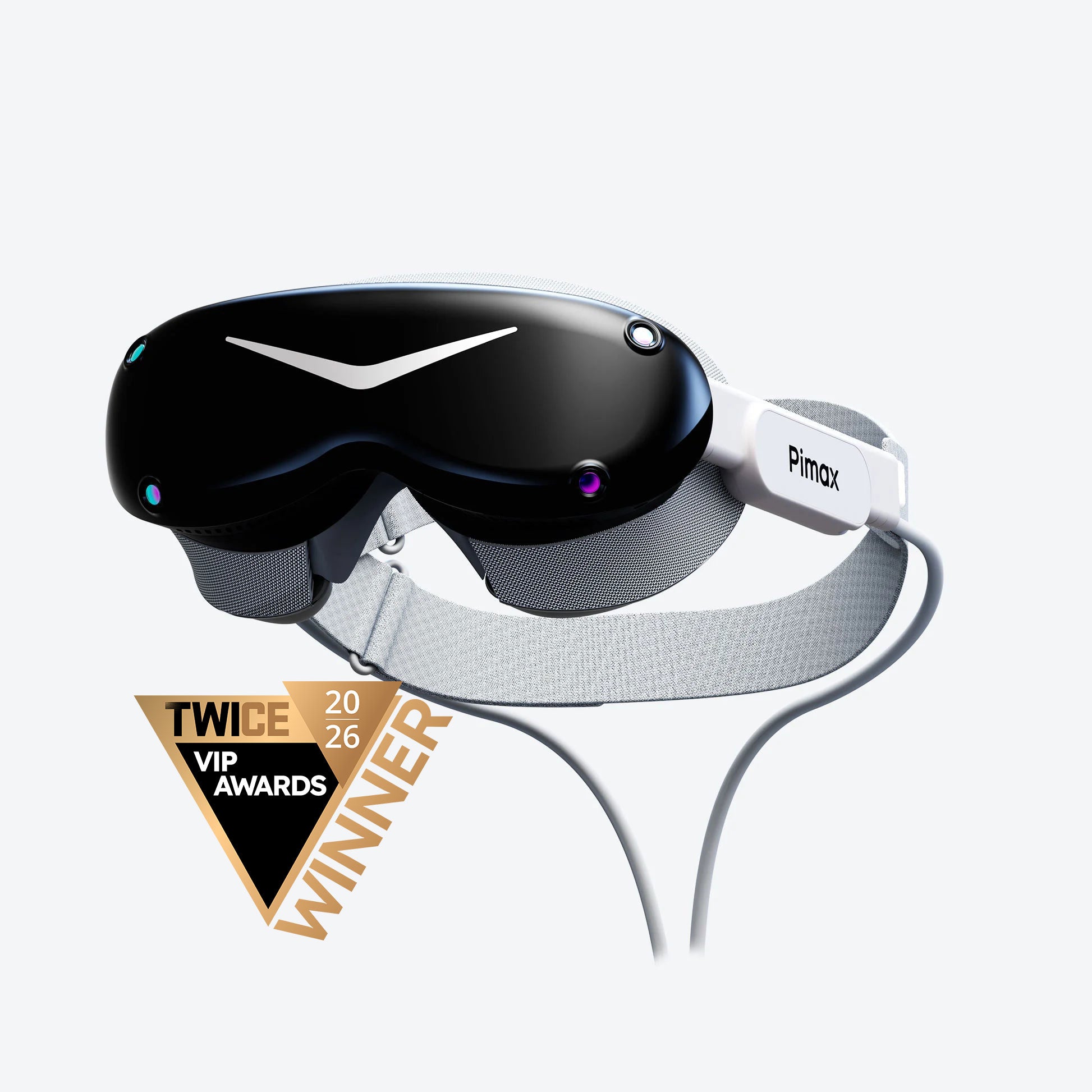 Pimax Dream Air SE 黑色頭戴側面,灰色頭帶與白色 Pimax 側臂,畫面有 TWICE 2026 VIP AWARDS WINNER 徽章